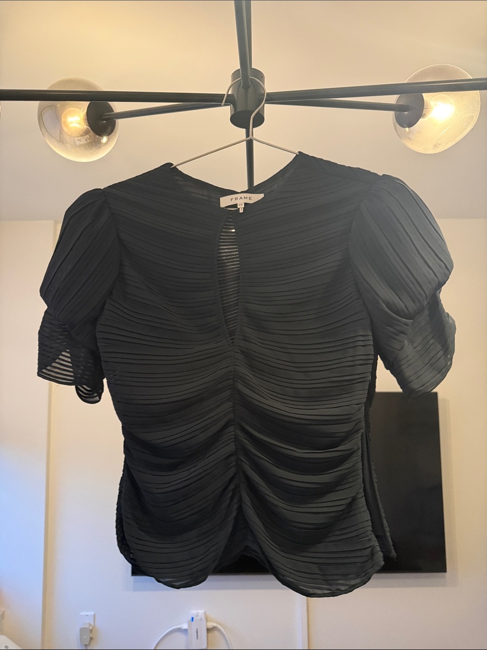 Frame Dark Navy/Black Pleated Puff-Sleeve Top with Cutout